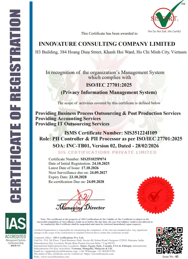 Innovature ISO/IEC 27701:2025 certificate for its privacy information management system
